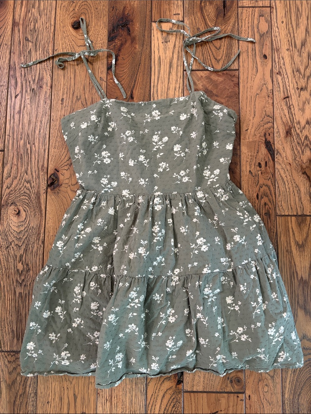 Altar'd State Olive Green Floral Tiered Sundress with White Print